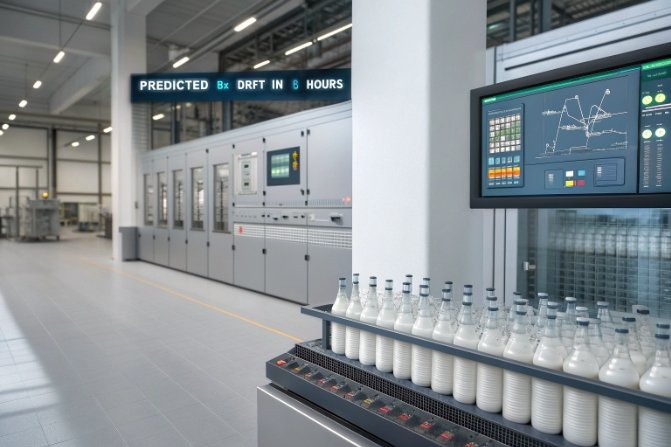 Smart factory line with dashboard predicting drift and white bottles on conveyor