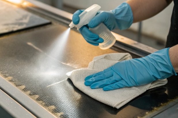 Gloved hands spraying cleaner and wiping surface for hygiene and sanitation control