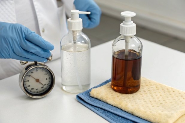 Lab pump bottles beside pressure gauge and cloth for leakage and cleaning test