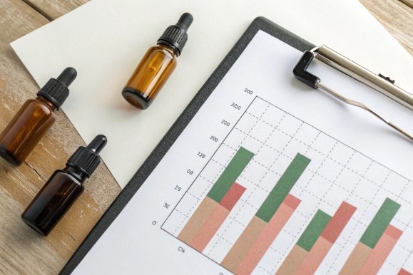 Amber dropper bottles next to clipboard chart for cosmetic packaging testing and analysis