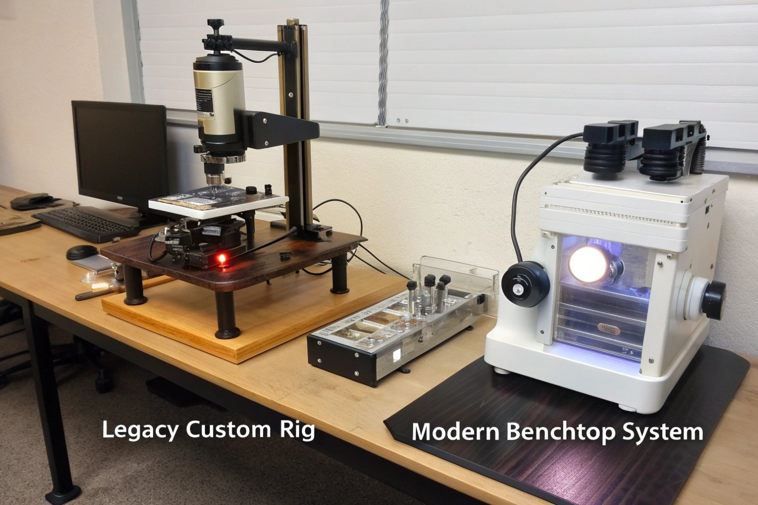 Side-by-side comparison of legacy custom optical measurement rig and modern benchtop light transmission system