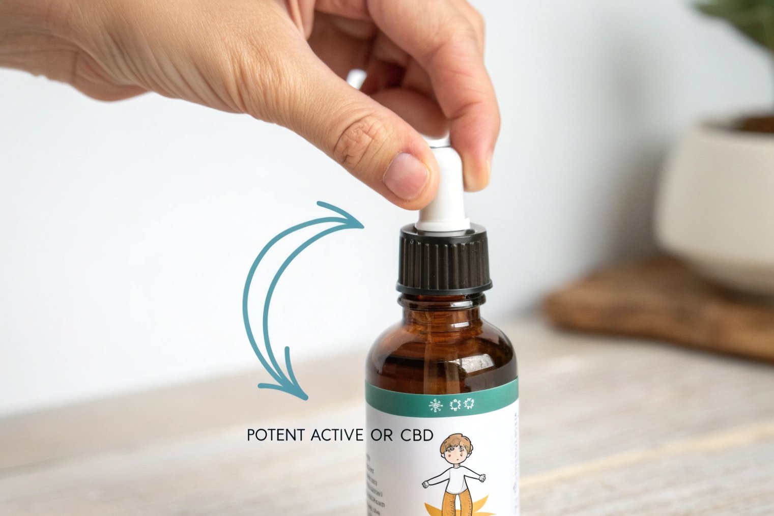 hand pressing dropper closure on amber CBD tincture glass bottle