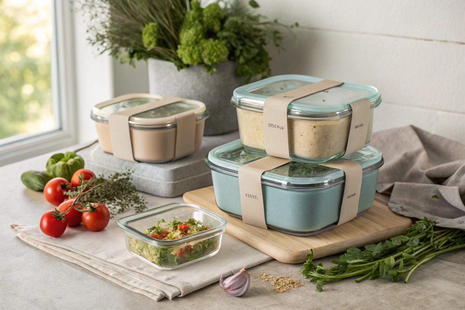 Assorted glass food containers packed with meals surrounded by fresh herbs and vegetables