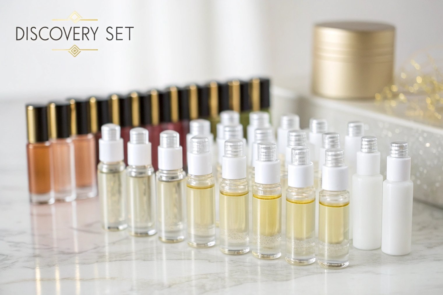 Rows of mini roller bottles filled with oils and lotions arranged as a ‘Discovery Set’ on a marble surface