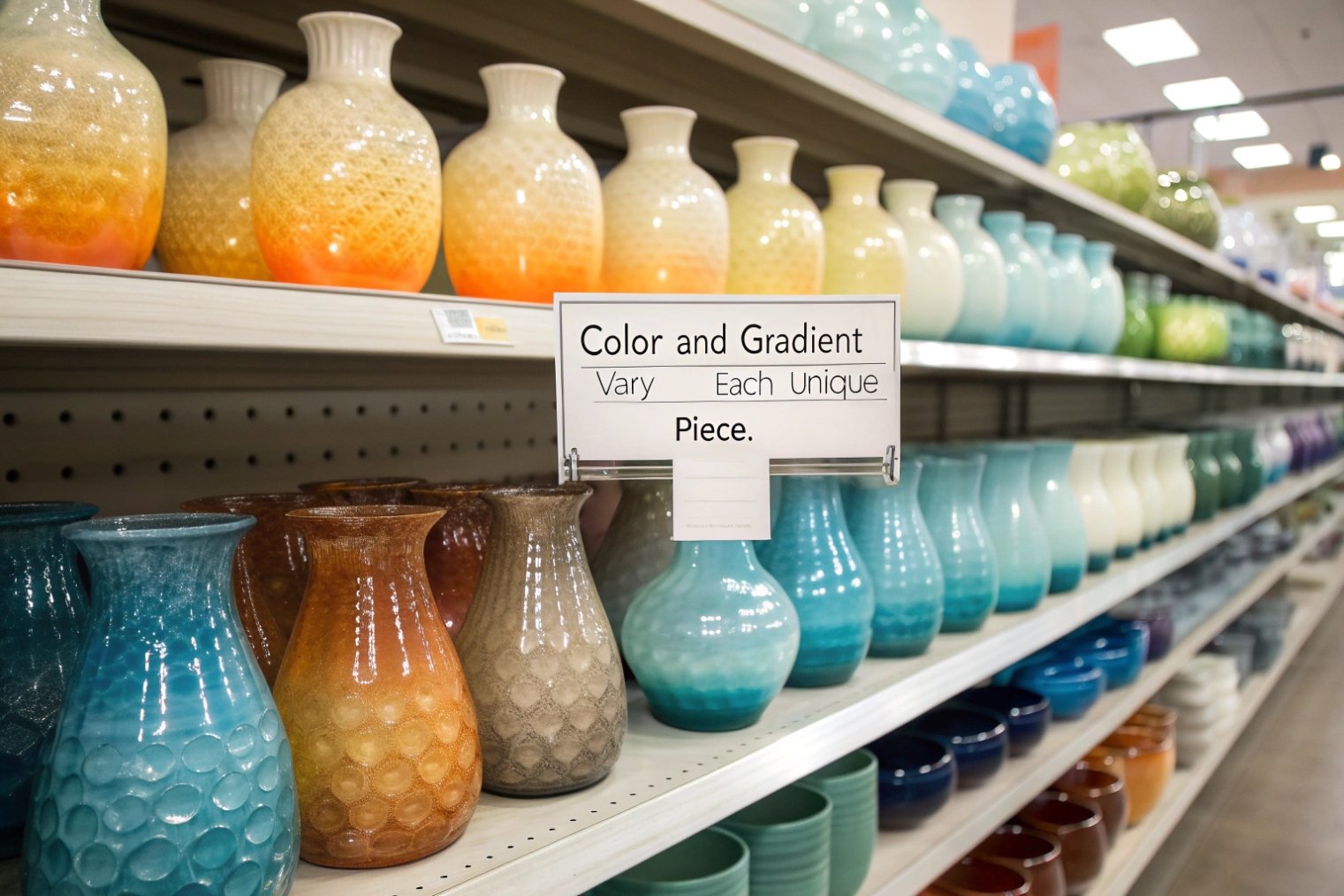 colorful gradient glass vases on retail shelves each unique piece