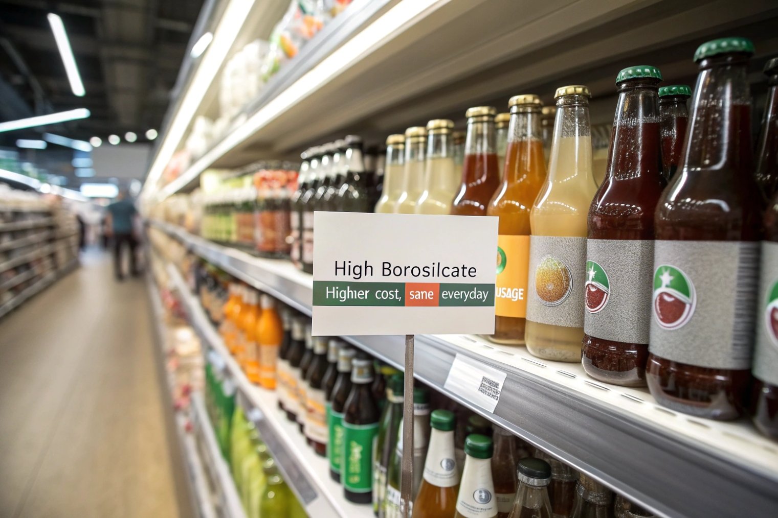 Supermarket shelf of beverages in high borosilicate glass bottles with price message