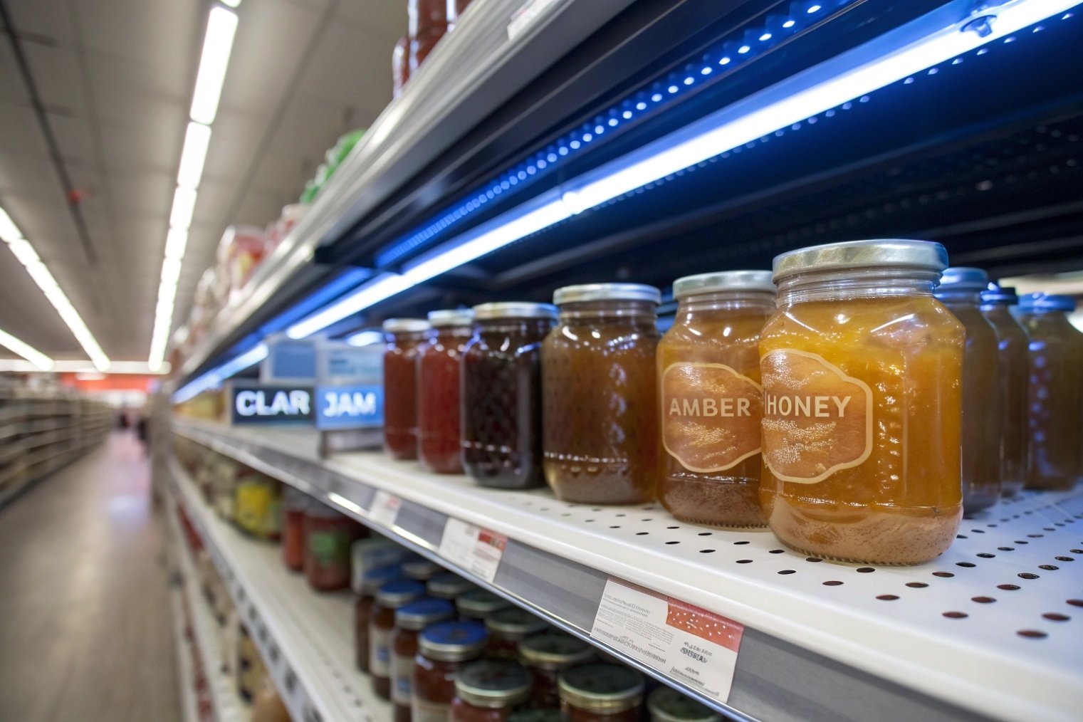 Supermarket shelf display of honey and jam in clear glass jars