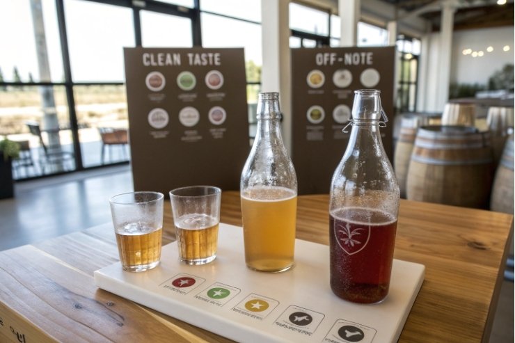 Craft beer samples in glass bottles and tasting glasses with clean taste display