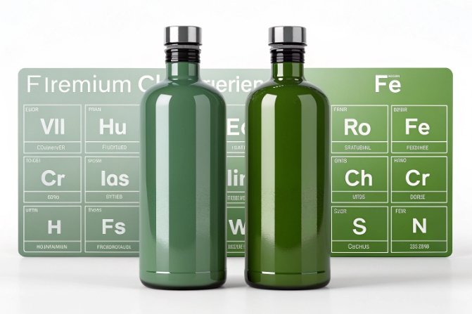 Dark green glass bottles with iron colorant chart background for packaging