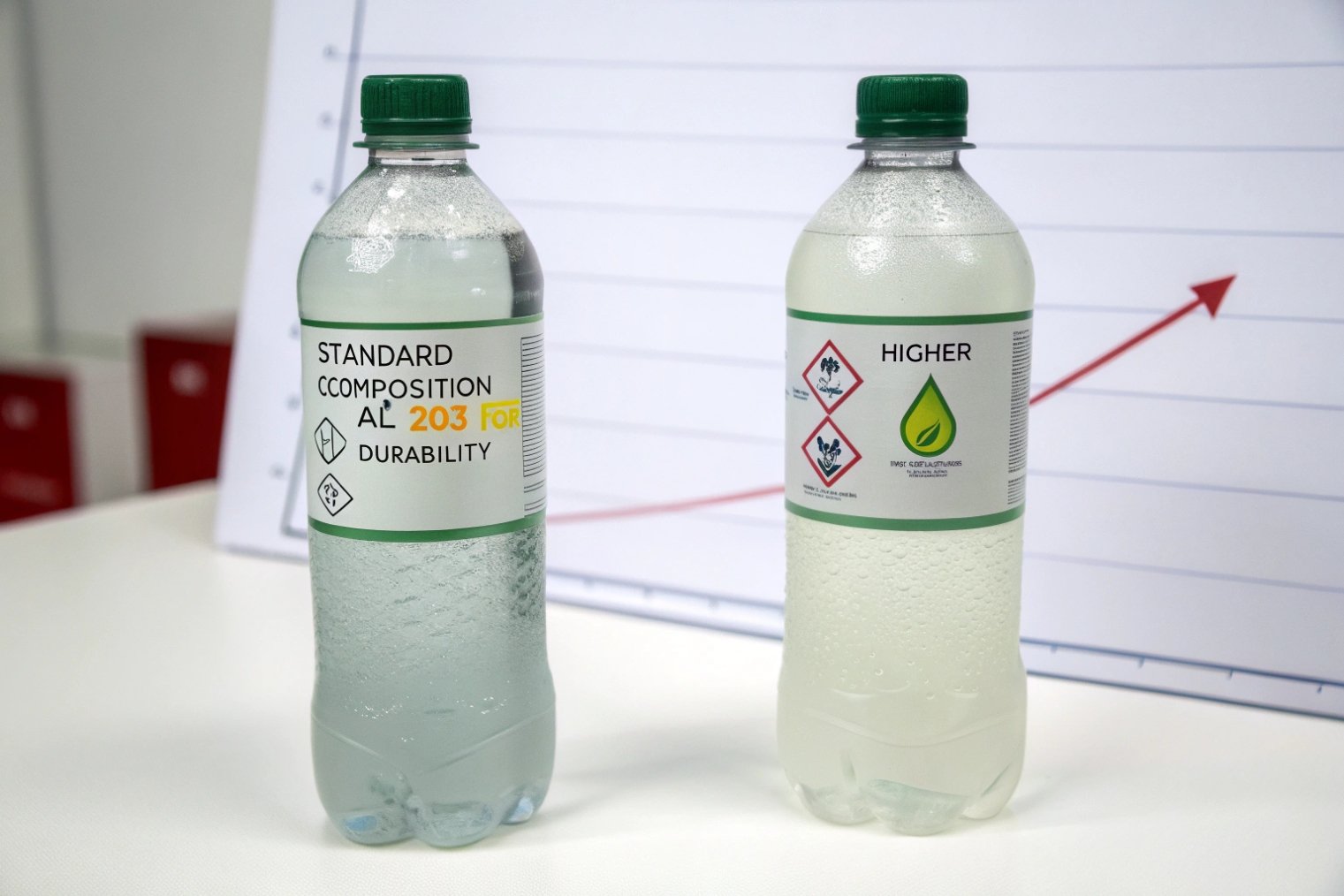 two plastic bottles comparing standard and higher alumina composition for beverage packaging durability