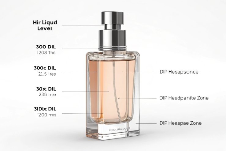 Perfume bottle cross-section with dip tube and liquid level measurements diagram