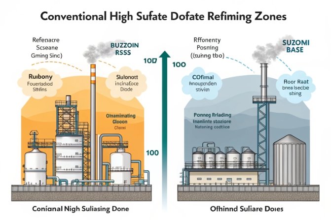 Infographic comparing conventional high sulfate refining zones and emission control setups