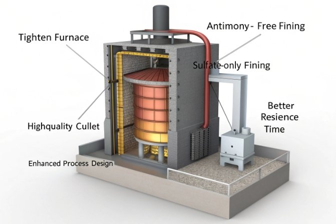 Furnace schematic for antimony-free sulfate fining using quality cullet and longer residence time