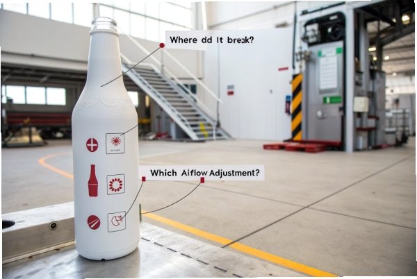 Breakage Root Cause Factory bottle breakage diagnostic showing airflow adjustment points on container