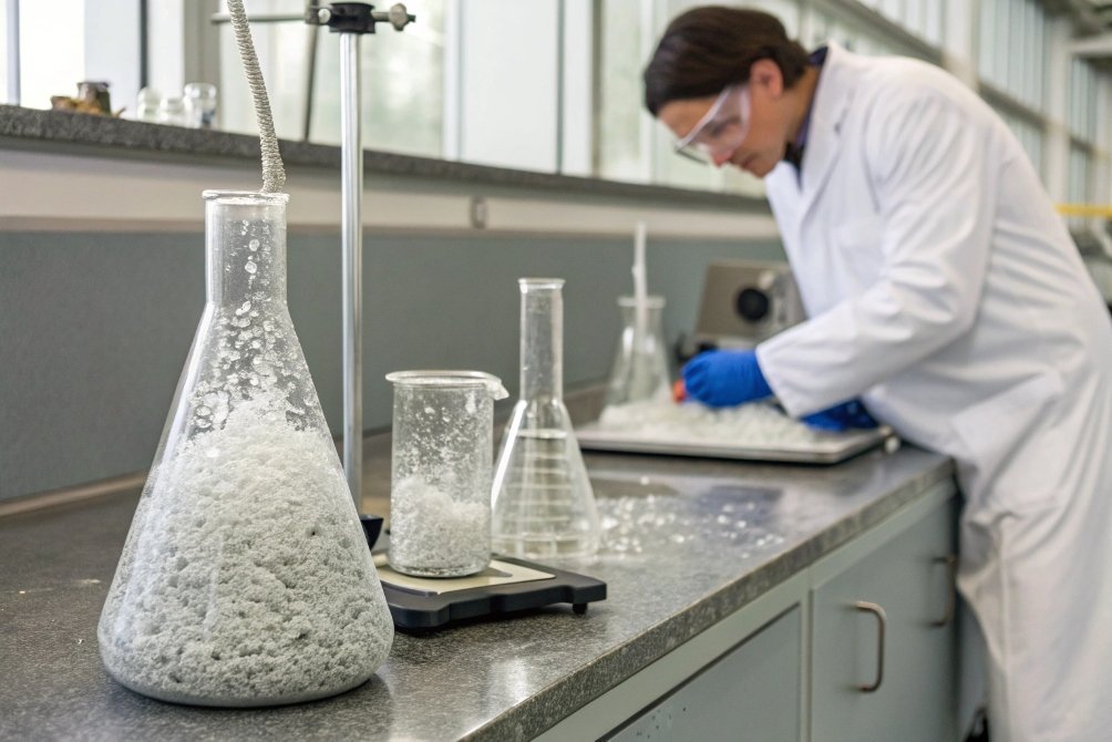 Scientist working with cullet glass granules and beakers to test bottle raw materials