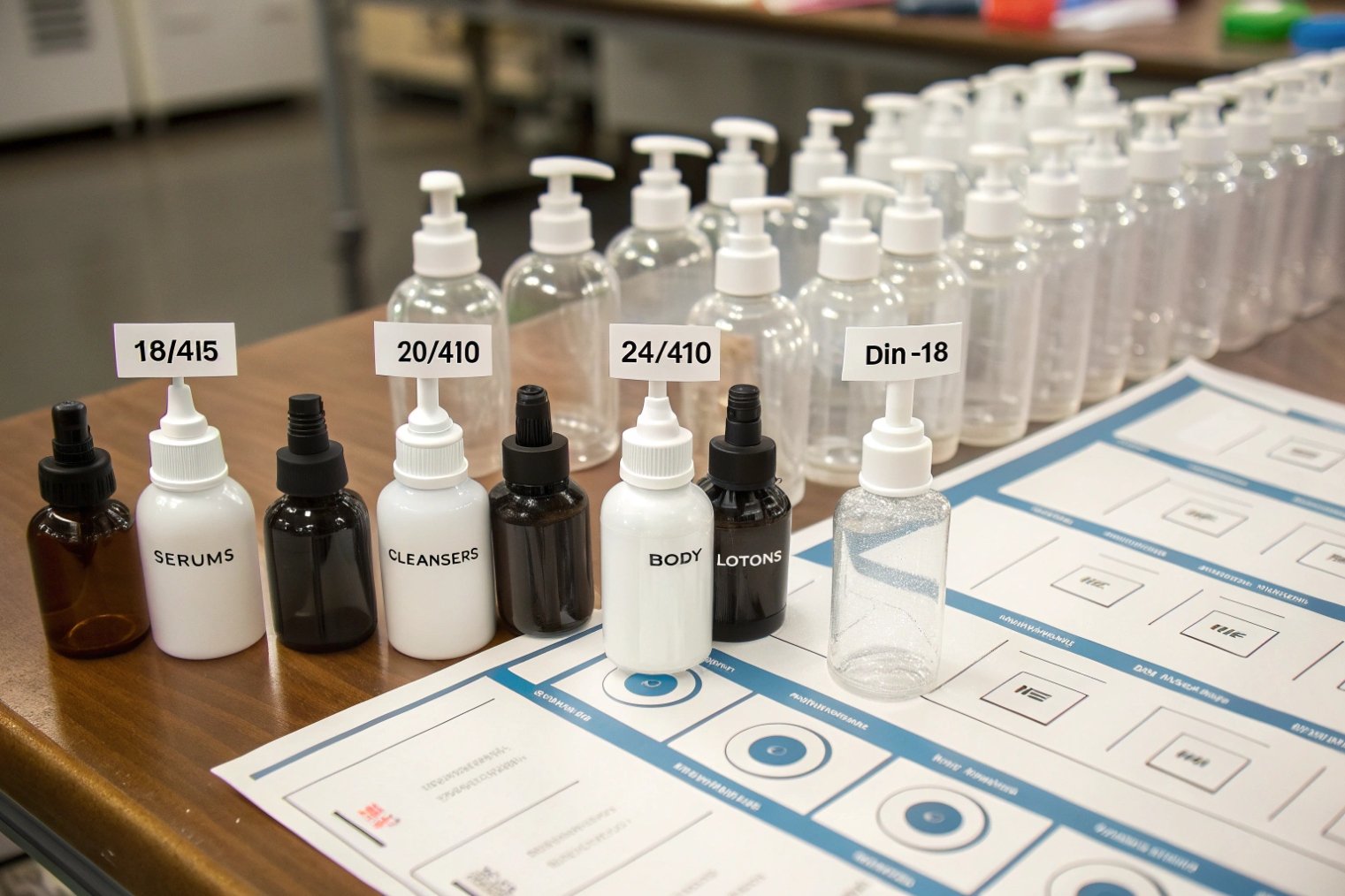 rows of sample skincare bottles with pump and spray tops labeled serums, cleansers, body lotions and various neck sizes