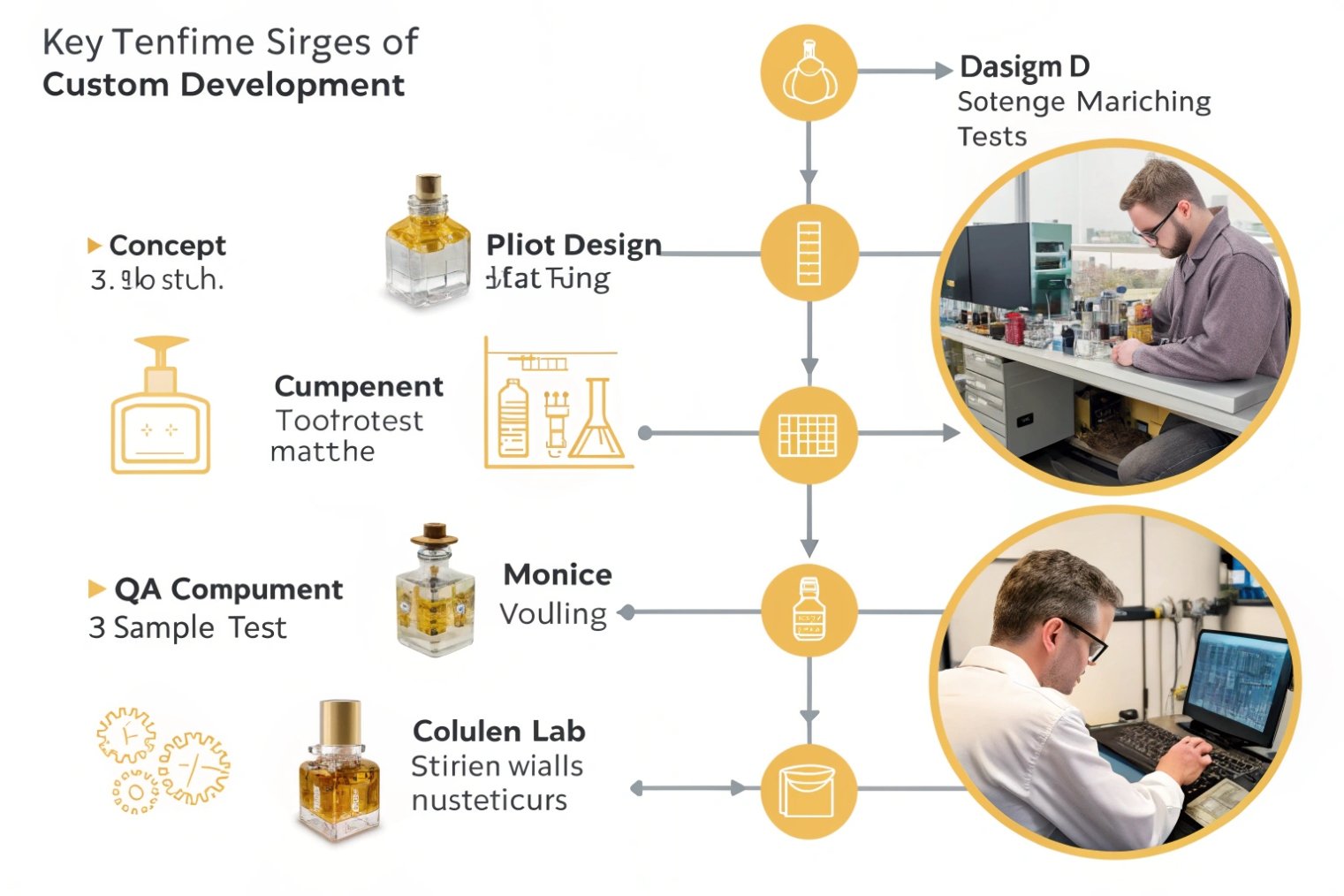 custom perfume development process infographic with glass bottle design steps