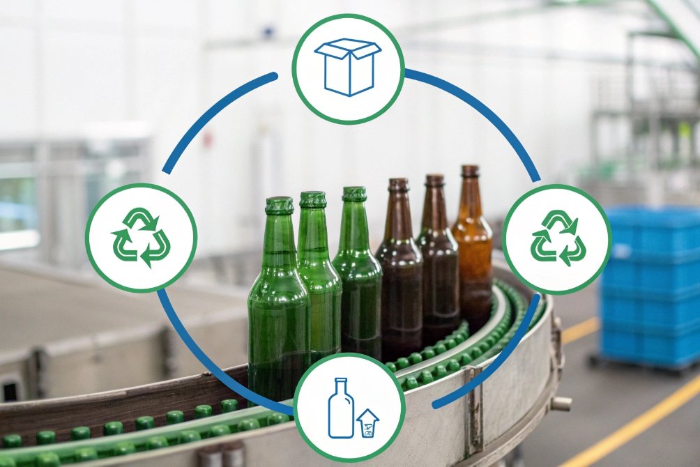 Green and amber returnable glass beer bottles on conveyor with recycling circular economy icons