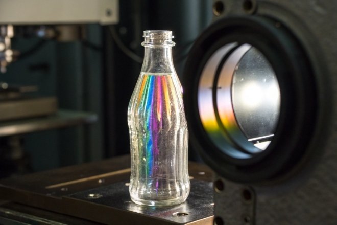 Clear glass bottle catching rainbow light near optical testing equipment in lab
