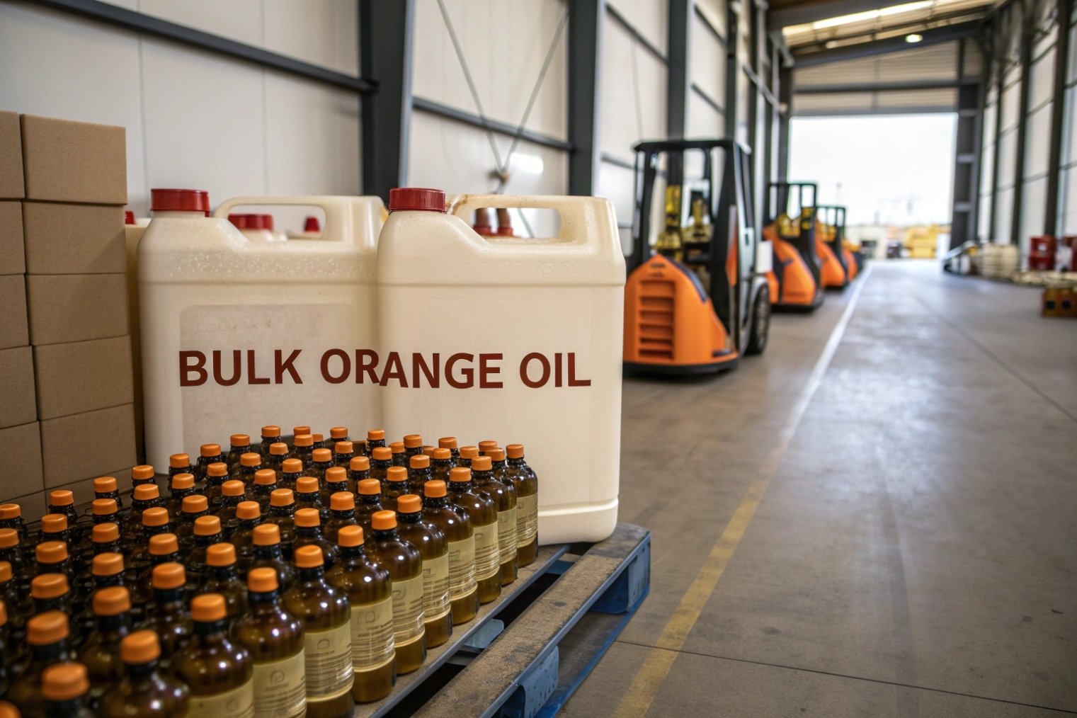Pallet of amber glass bottles in front of large ‘Bulk Orange Oil’ totes inside a warehouse