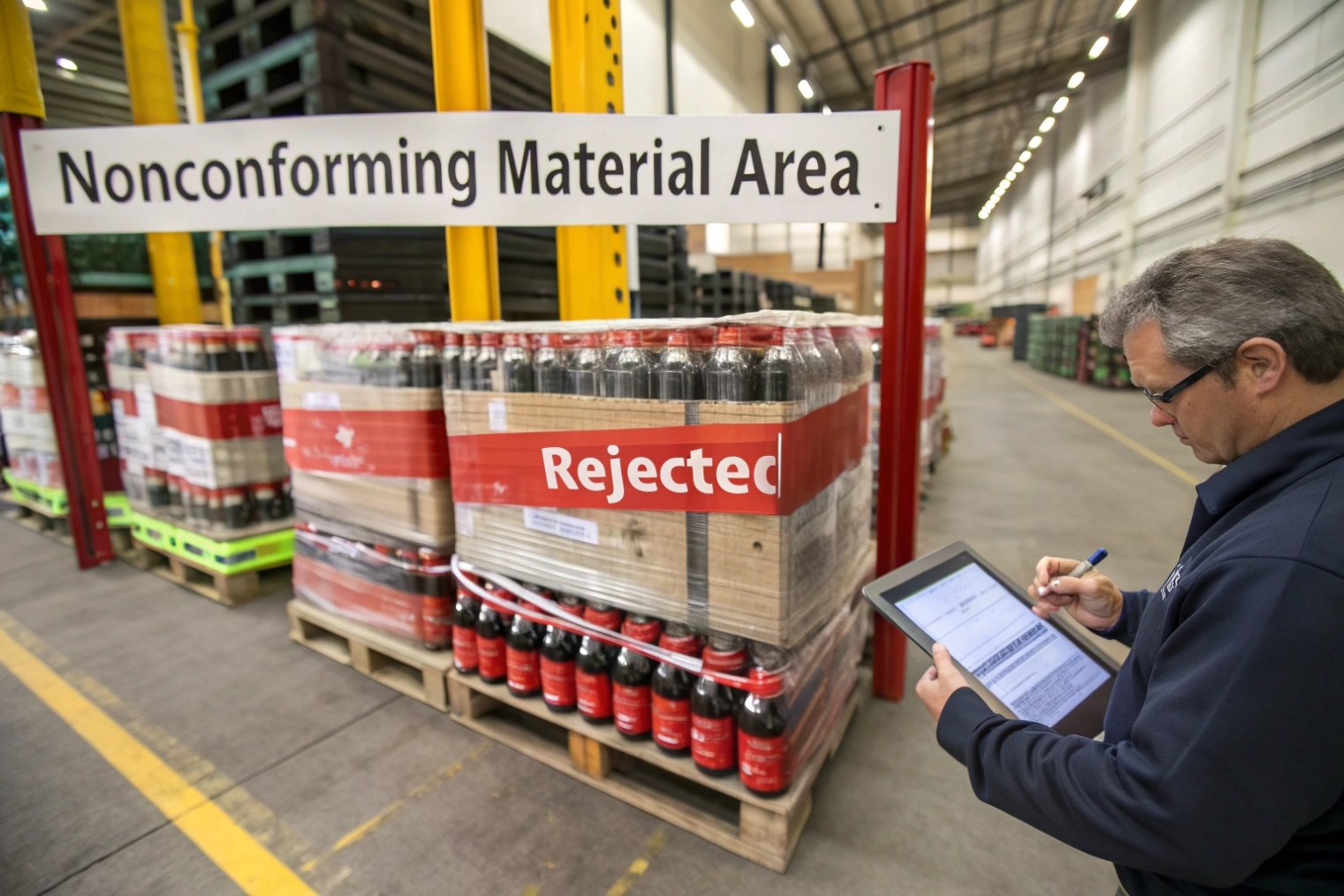 Rejected soft drink bottles stored in nonconforming material quarantine area