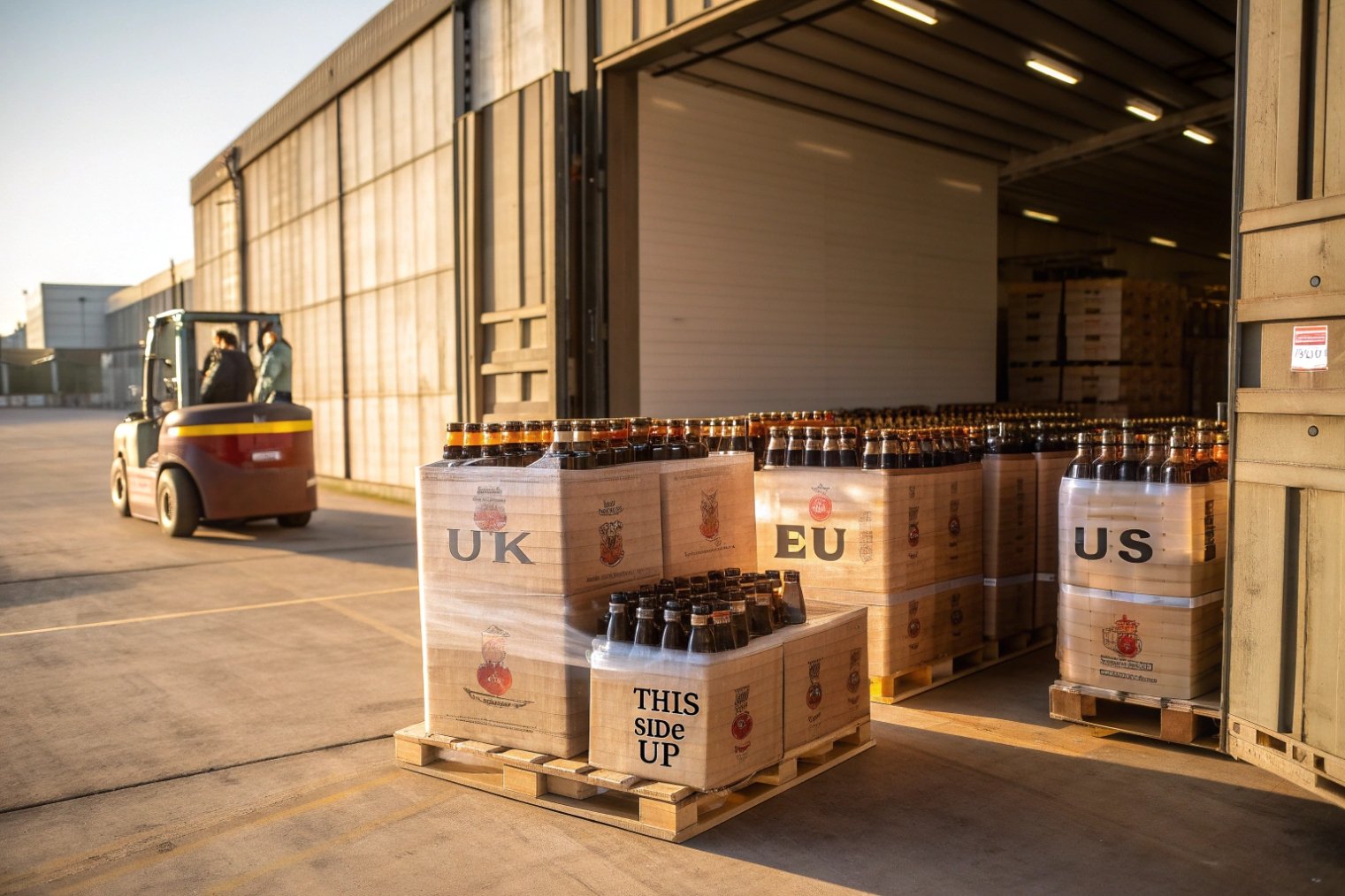 Pallets of bottled beverages in crates labeled UK EU US ready for export