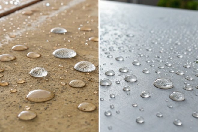 Water beading comparison on untreated surface versus hydrophobic coated surface