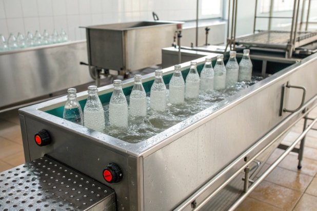 Glass bottles in water bath cooling tank for thermal shock and stability testing