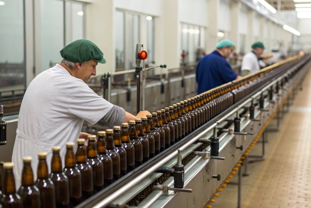 Workers checking glass bottles on production line