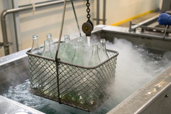 Glass bottles in metal basket submerged in hot water bath for washing and testing