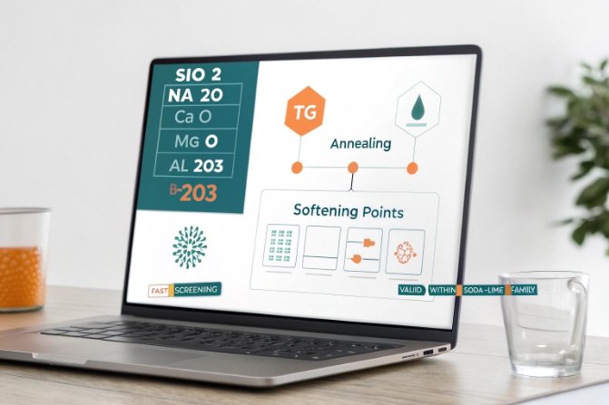 Laptop screen showing Tg and annealing softening points for soda-lime glass