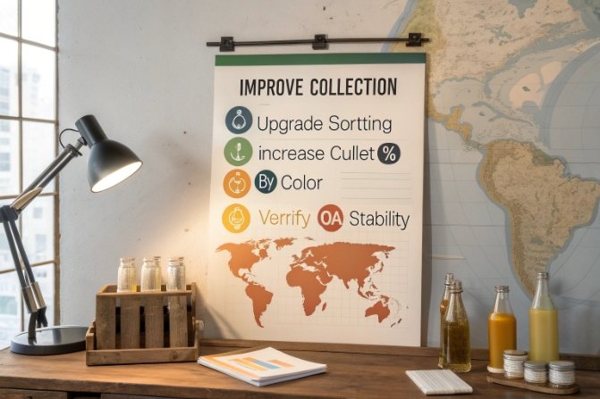 Desk poster promoting improved glass collection, color sorting, higher cullet percent, and QA checks