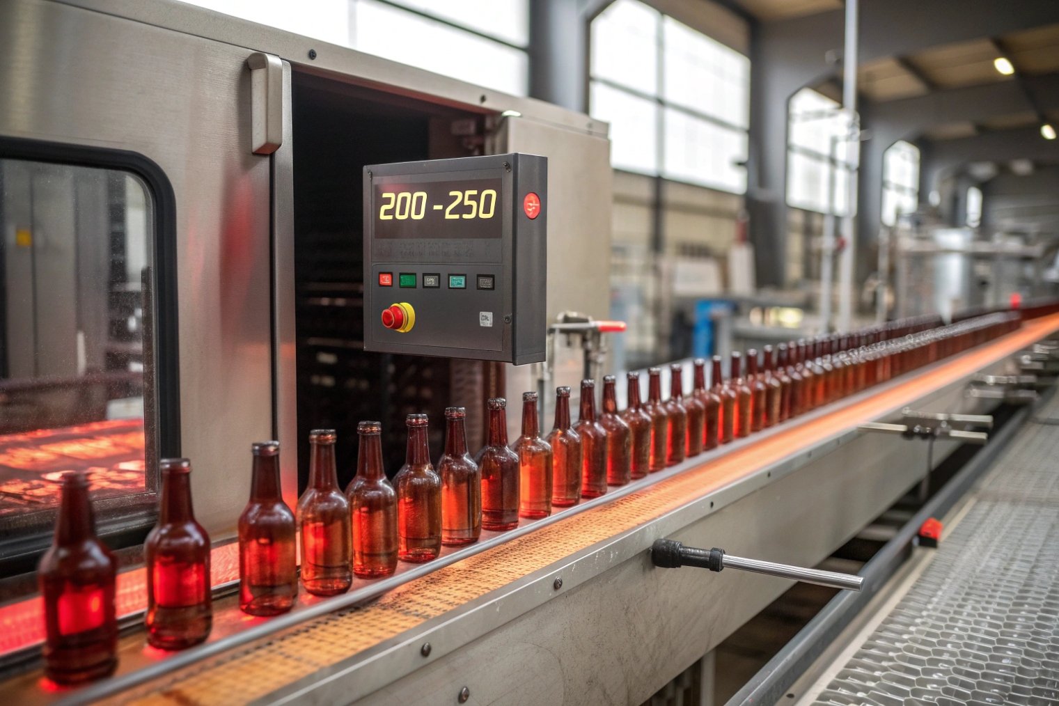Amber glass beer bottles on annealing conveyor under temperature control panel