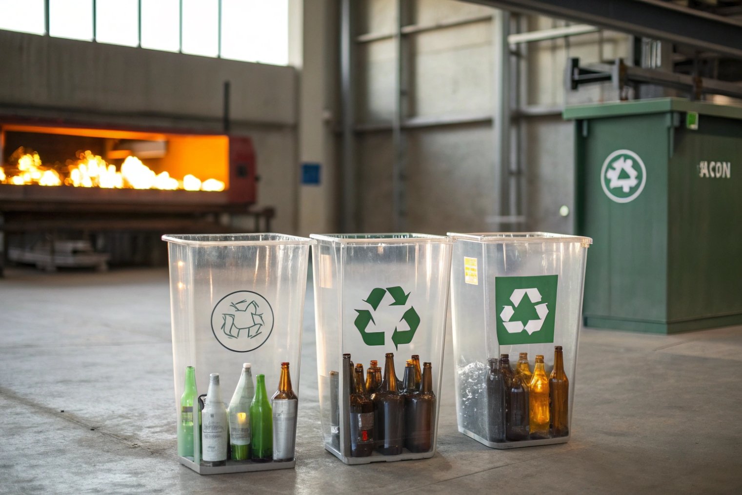 Color-sorted glass bottles in recycling bins positioned near a furnace for remelting