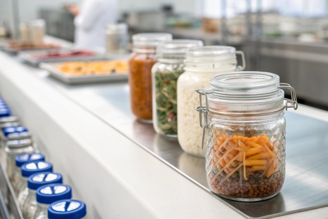 Various glass jars containing food in a commercial kitchen