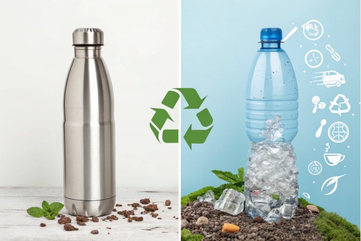 Reusable stainless steel bottle vs disposable plastic bottle with recycling symbol