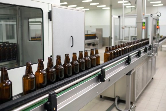 Amber bottles aligned on automated conveyor in clean beverage bottling facility