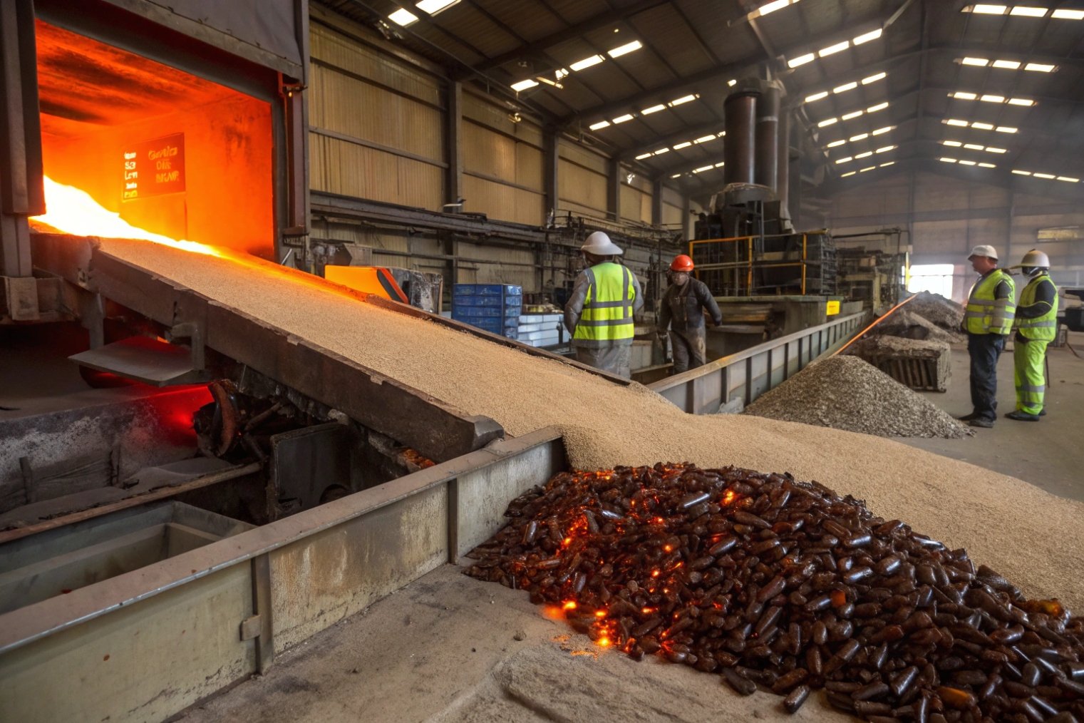 glass factory furnace melting recycled amber bottles into new packaging material
