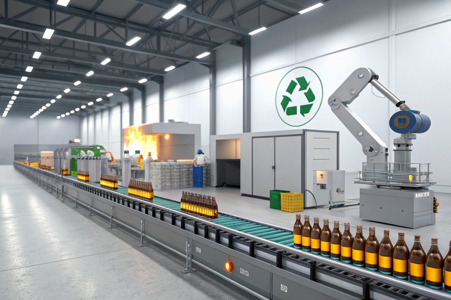 automated glass bottle production line with industrial robot and recycling symbol in plant