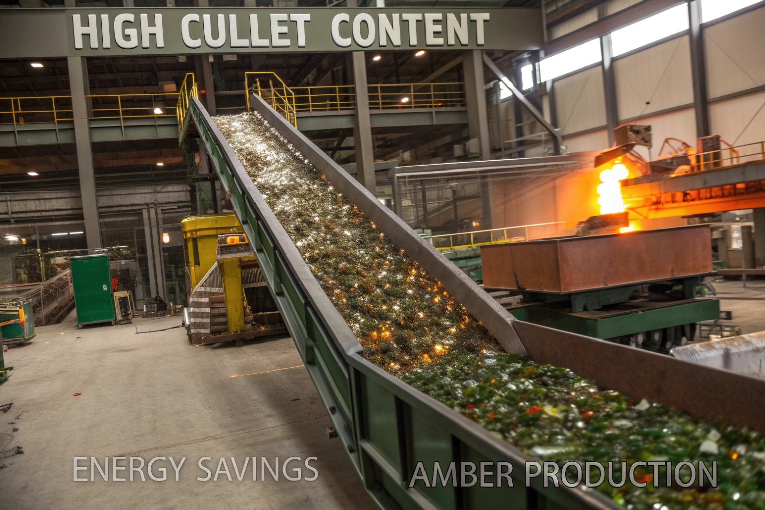 Glass cullet conveyor in amber bottle factory highlighting high recycled content and energy savings.