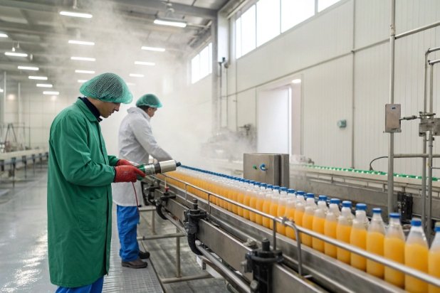 Workers spraying and inspecting juice bottles on conveyor in clean production room