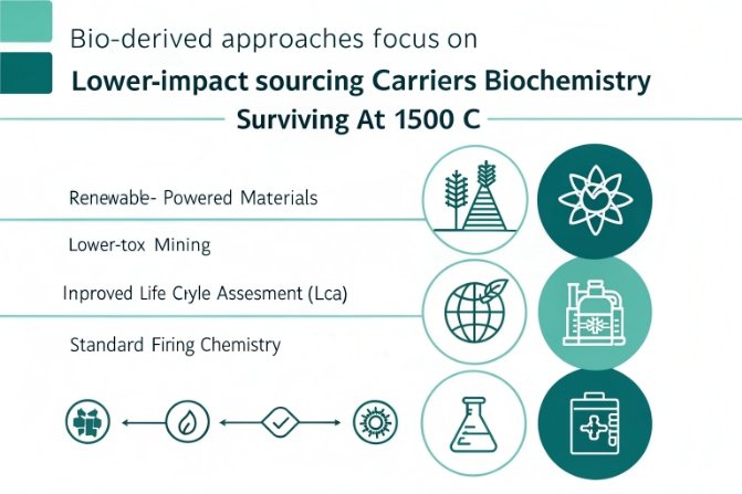 Bio-derived low-impact sourcing infographic for carriers chemistry surviving 1500°C glass melting