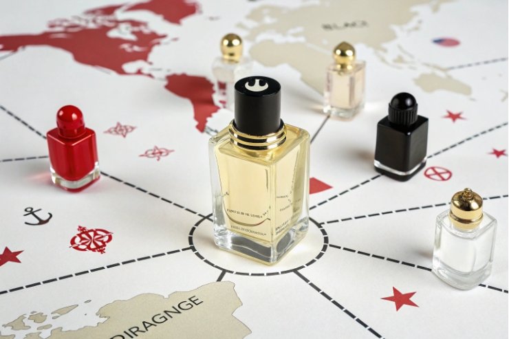 Square perfume bottles placed on world map background suggesting global fragrance distribution