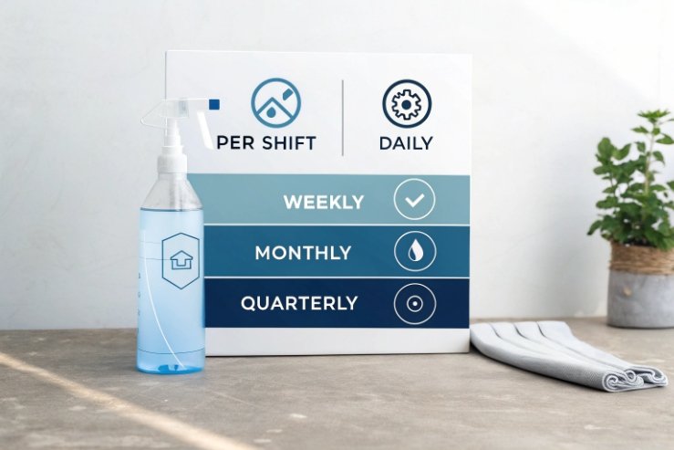 Trigger spray cleaning bottle beside maintenance frequency schedule chart