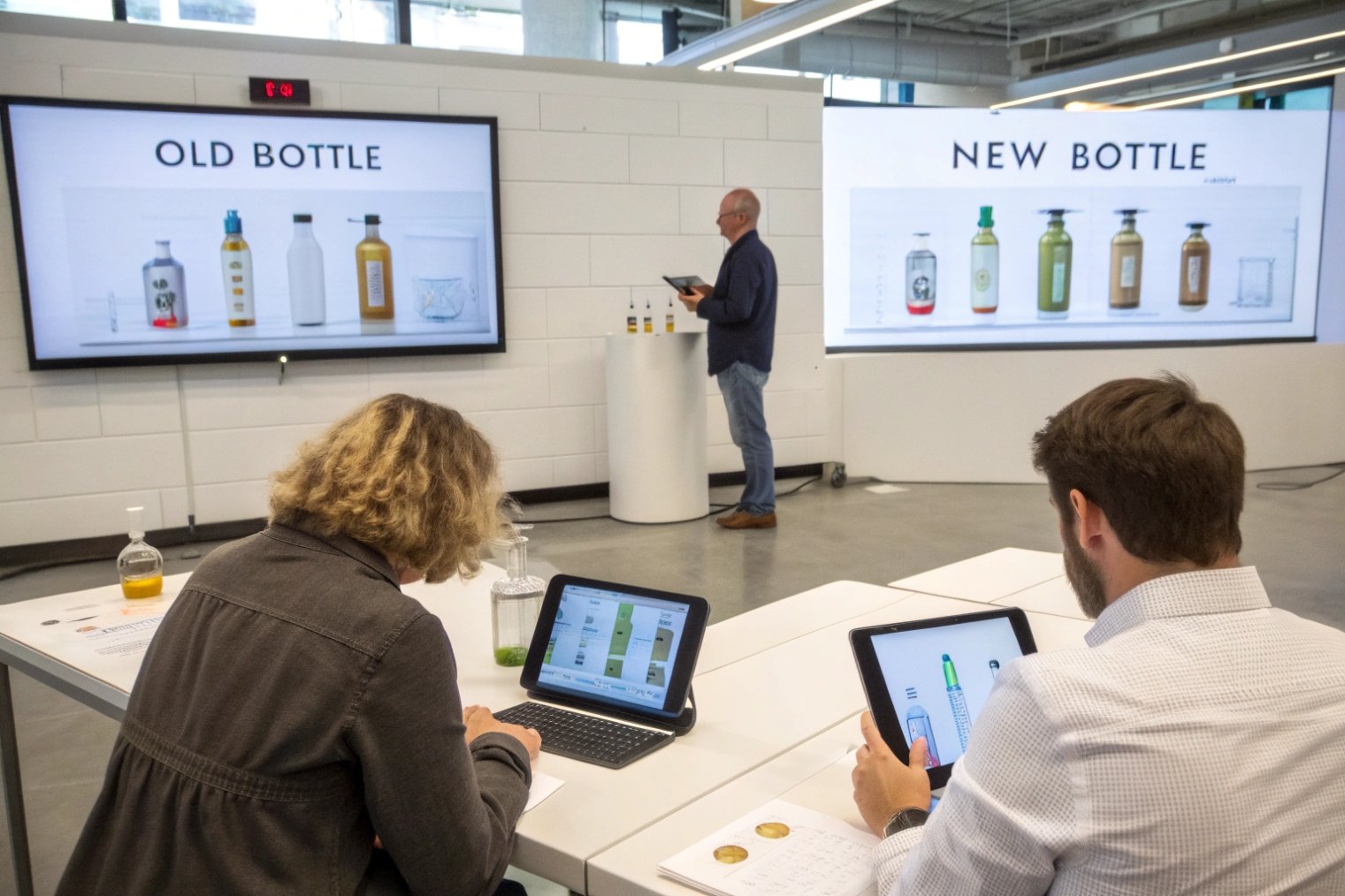 design team reviewing old and new glass bottle concepts on large screens in meeting