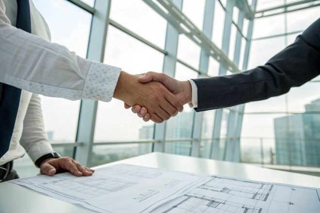 Business handshake over technical drawings representing glass packaging partnership and B2B cooperation