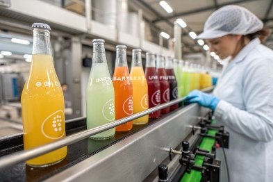 Colored beverage bottles on conveyor as worker checks labels and UV-filter glass quality