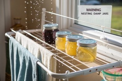 Washed jars drying on rack by window with warning about nesting damp jars