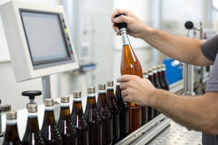 Operator placing amber glass bottle on bottling line near control panel and monitor\