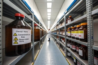Chemical storage aisle with labeled amber bottles on shelves and technician in distance